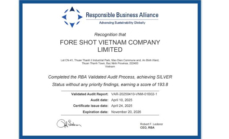 越南厂荣获银级勋章